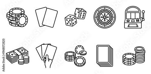 A collection of simple black line art icons representing various casino gambling elements, including chips, cards, dice, roulette wheel, and slot machine.