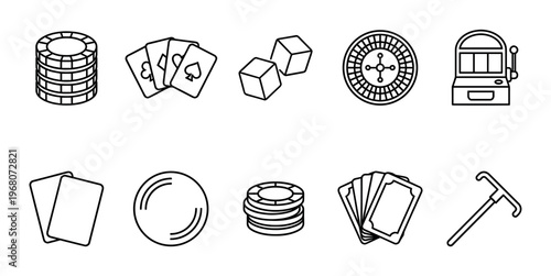 A collection of clean, black and white line art icons representing various casino games and elements, perfect for digital or print design.