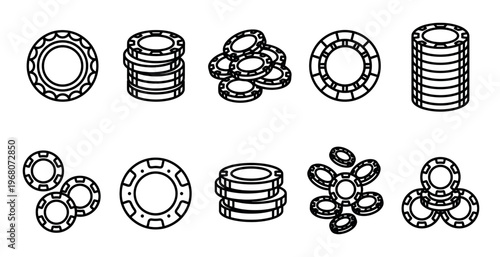 A collection of black and white line art icons representing poker chips in various arrangements, including stacks and scattered piles on a white background.