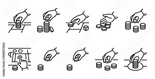 A collection of line art icons showing a hand interacting with stacks of coins, suggesting gambling, money management, and game play with dice.