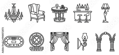 A collection of line art icons representing vintage luxury, including a chandelier, armchair, bar, and casino elements, perfect for elegant design.