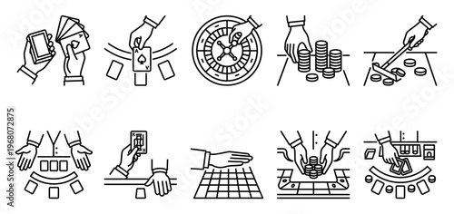 Collection of line art icons depicting various casino games and actions, including cards, roulette, chips, and dice with hands involved.