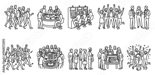 A collection of simple line drawings depicting various scenes and activities in a casino environment, showing people gambling, celebrating, and socializing.