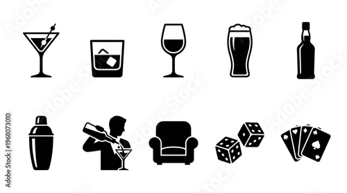A collection of black silhouette icons representing alcoholic beverages, bar tools, and casino games on a white background, ideal for concepts related to leisure and entertainment.