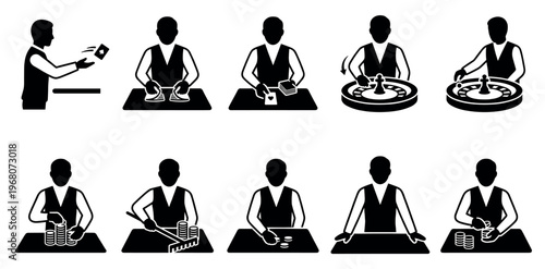 Collection of black and white pictogram icons showing casino dealer actions like dealing cards, spinning roulette, and handling chips with clean lines and minimal detail.