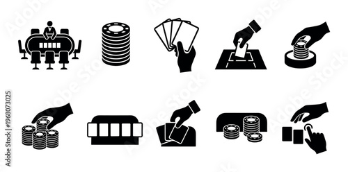 A collection of simple black icons representing various casino and gambling activities, including poker chips, playing cards, and betting.