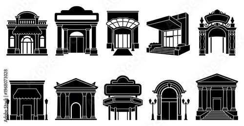 Collection of diverse building entrances in black silhouette, showcasing various architectural styles from classic to modern, useful for design and concepts.