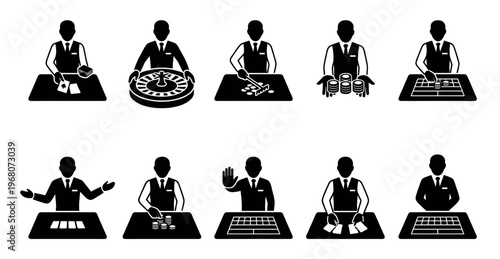A collection of black and white icons depicting casino dealers performing various actions like dealing cards, spinning a roulette wheel, and handling chips.