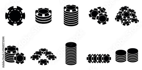 A collection of black silhouette icons depicting various stacks and single poker chips against a white background, ideal for casino or gaming graphics.