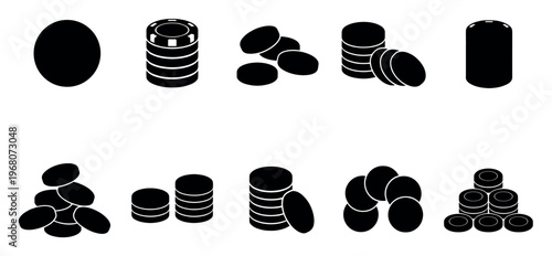 A collection of black silhouette icons depicting casino chips and coins arranged in various stacks and scattered groups on a white background, suitable for gambling or finance concepts.