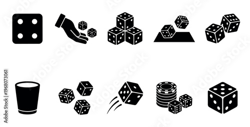 A collection of black vector icons representing dice, a glass, and casino chips in various arrangements on a white background, perfect for illustrating games of chance and luck.