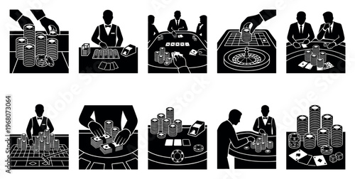 A collection of silhouette icons depicting various casino gambling activities including poker, roulette, chips, and money, presented in a graphic style.