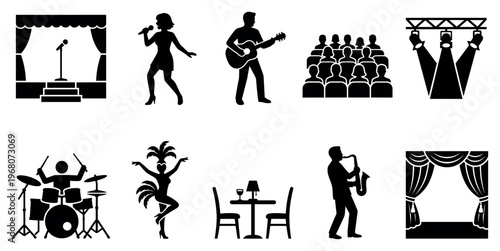This graphic features a collection of black silhouettes representing various entertainment and performance elements, including stages, musicians, and audiences.