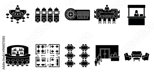 A collection of simple black and white icons depicting various elements of a casino, including slot machines, roulette, poker tables, a bar, and seating areas.