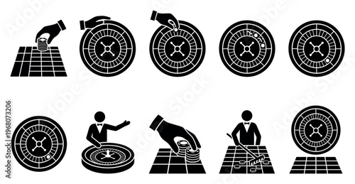 A set of black and white flat icons depicting various aspects of casino roulette games, including betting, spinning the wheel, and chip management.