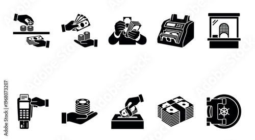 A collection of black and white silhouette icons depicting various financial transactions, including counting money, paying with cards, and saving in a vault.