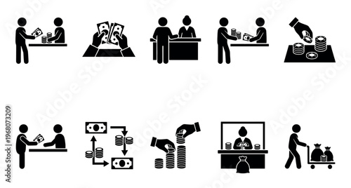 A collection of black and white pictogram icons illustrating various financial transactions, including money exchange, banking, and wealth management, with a clean, modern style.