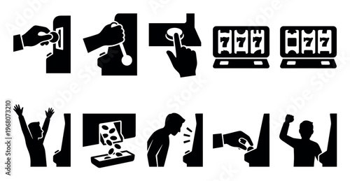 Collection of black and white icons depicting various actions related to playing slot machines, from inserting coins to winning and celebrating.