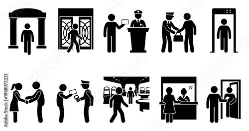 A collection of black silhouette icons depicting various security checkpoints and interactions, such as entering a building, passing through a metal detector, and interacting with security personnel.