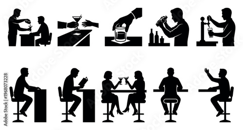 A collection of black silhouettes depicting people at a bar, including serving drinks, mixing cocktails, pouring beer, and enjoying beverages.