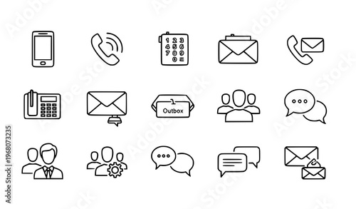 “Black and white communication icon set including phone, email, user, and message vector illustrations for digital use”