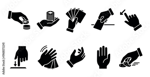 Collection of black silhouette icons depicting hands in various gambling-related actions such as holding chips, cards, and interacting with a touchscreen, suitable for gaming or finance concepts.