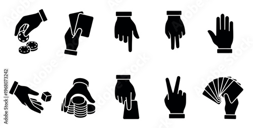 A set of black silhouette icons depicting various hands engaged in gambling activities like holding cards, chips, dice, and coins.