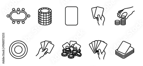 Collection of black outline icons representing poker game elements like chips, cards, and table for casino or gaming concepts.