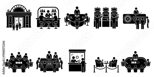 Collection of black pictogram icons representing various casino activities including gambling at tables, slot machines, bar, and roulette, with people enjoying the entertainment.