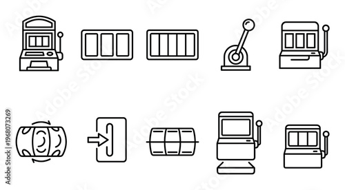 A collection of simple line art icons representing various elements of slot machines and gambling in a casino setting, ideal for digital or print design.