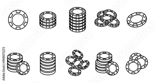 A clean, minimalist collection of line art icons depicting various arrangements of casino poker chips against a white background, perfect for gambling and gaming themes.