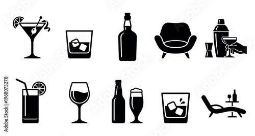 A collection of black and white vector icons representing various drinks, barware, furniture, and leisure items, perfect for design projects.