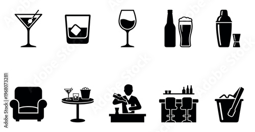 Collection of black and white icons depicting various bar scenes, drinks, and furniture, perfect for illustrating nightlife, hospitality, or beverage concepts.