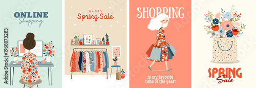 Beautiful cozy set of posters for shopping or spring sale. Stylish flat graphics and original design