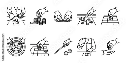 This collection of black and white line art icons depicts various casino and board game activities, including card dealing, chip stacking, roulette, dice, and chess.
