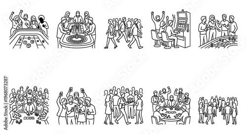 A collection of line art illustrations depicting various scenes of people enjoying themselves in a casino setting, playing games like roulette, poker, and slot machines, and celebrating wins.