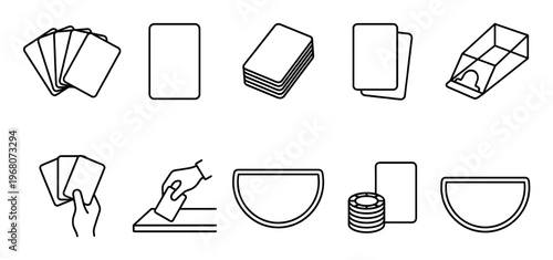 A clean, minimalist icon set representing various elements of card games, including hands holding cards, card stacks, chips, and trays.
