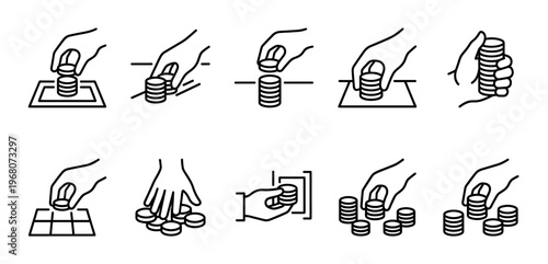 A minimalist icon set illustrating hands stacking and arranging coins, representing financial transactions, savings, and investment concepts with clean line art.