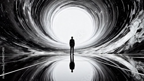 Silhouette of person in cosmic tunnel