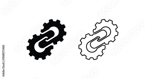 Gear, cogwheel, chain link icons, mechanical symbols, black and white vector graphics