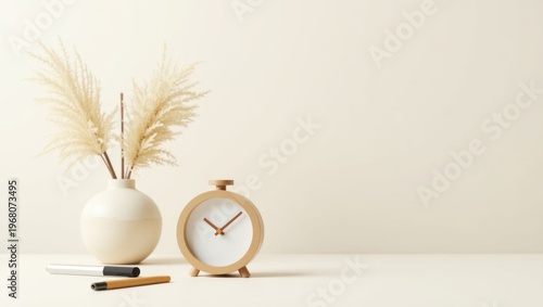 Minimalist desk setup with natural elements and an analog alarm clock