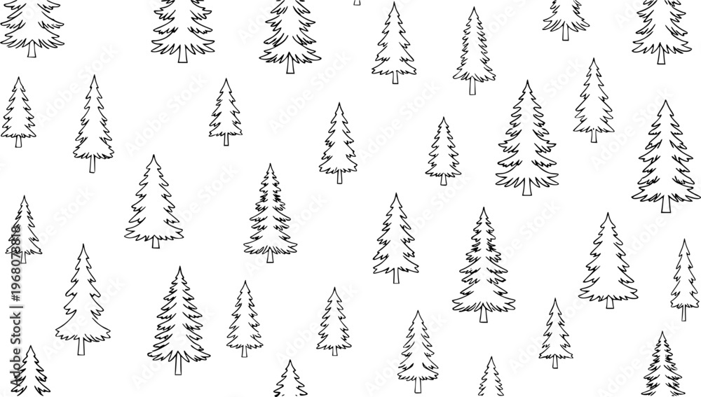 Obraz premium Seamless pattern of hand drawn black outline fir trees white background christmas