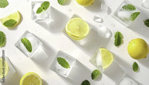 Fresh Lemon And Mint With Ice Cubes, Refreshing Summer Drink, Top View