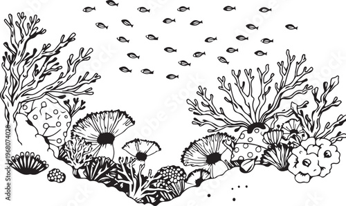 Coral Reefs Hand-drawn Sketch Drawing Vector Illustration, Line Linear Symbol Black and White Engraving, Isolated