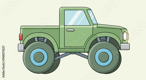 Vector illustration of a green monster truck with large wheels, cartoon style