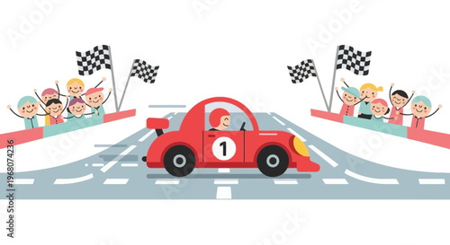 Cartoon of a red race car crossing a finish line with cheering fans. Checkered flags wave