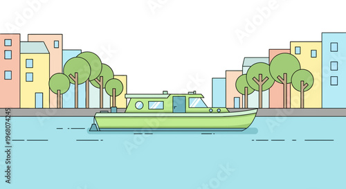 A flat illustration depicts a green boat on water, with a city skyline and trees in background
