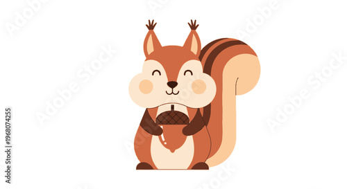 A smiling cartoon squirrel, holding an acorn, with a fluffy tail, on white background