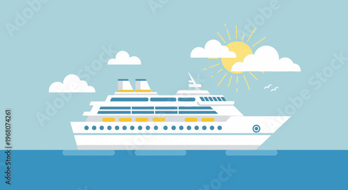 A white cruise ship floats on blue waters beneath a sunny sky with clouds and birds