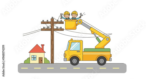 Cartoon depicts two linemen repairing power lines from a bucket truck with a small house